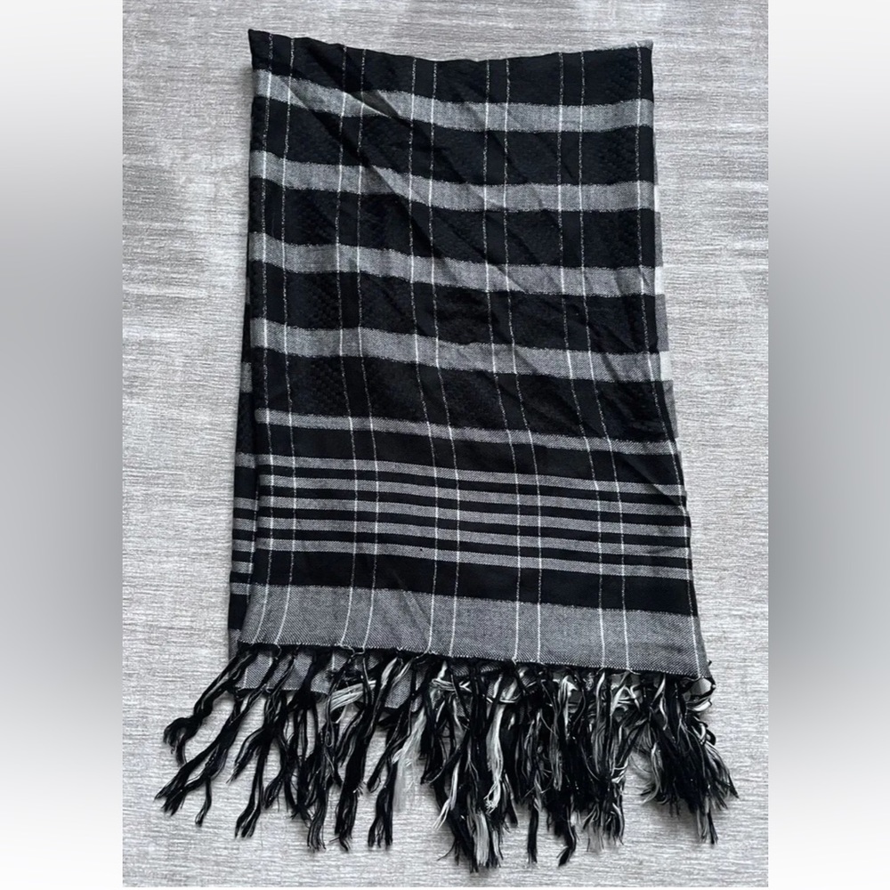 Express Black & White Plaid Knit Scarf with Fringe Detail- 38in X 38 in